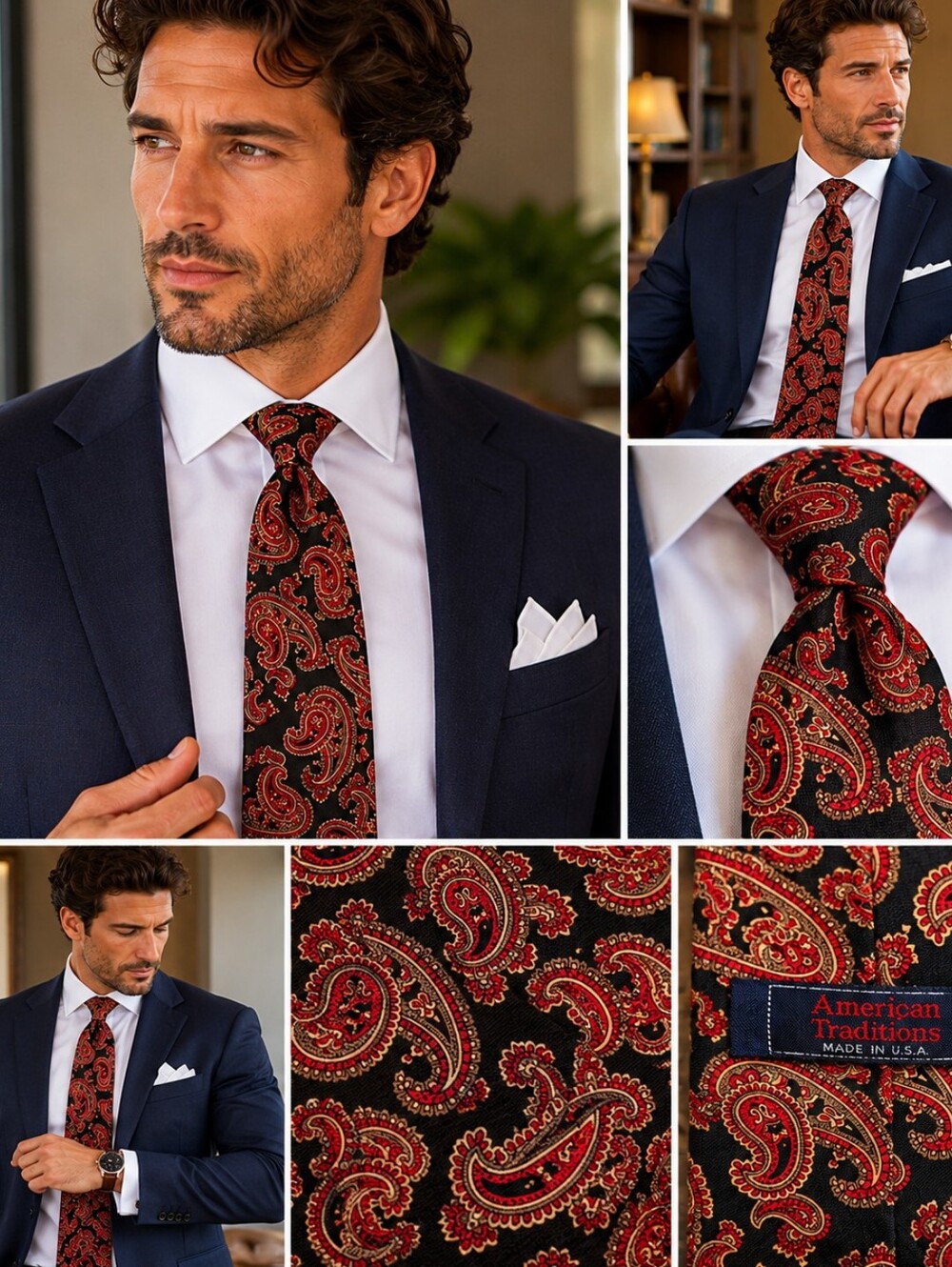 🫛 American Traditions Men's Paisley Silk Neck Tie – Black, Burgundy & Gold